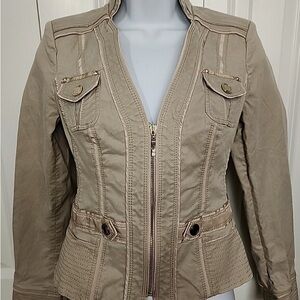 White‎ House Black Market Taupe Beige Rhinestone Bling Denim jacket Sz 10